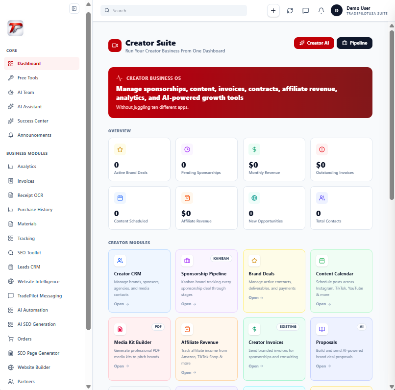TradepilotUSA Creator Suite — brand deals, pipeline, rate cards, and portfolio