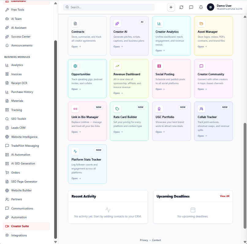 TradepilotUSA Creator Suite — bio links, collab tracker, and platform stats