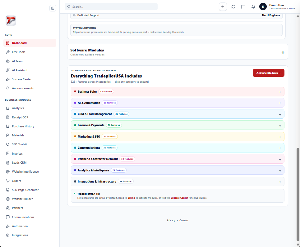 TradepilotUSA Business Suite — complete platform overview with 326+ features across 9 categories